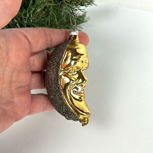 Blown Glass Christmas Ornament Shimmering Crescent Moon Face Gold  Germany Vtg